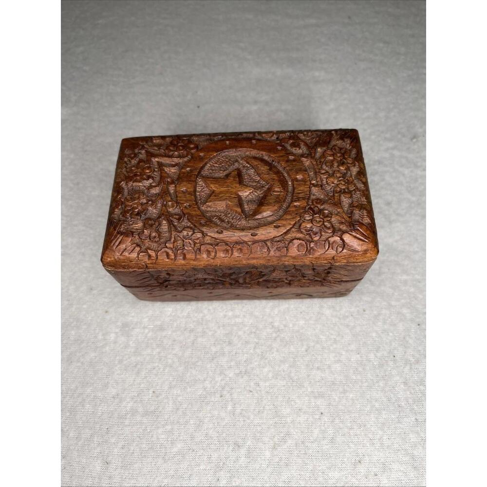 Wooden Carved Moon And Star Box Trinket Jewelry Brown Box 5” X 3” X 2.5”
